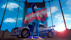 Size: 3840x2160 | Tagged: safe, artist:shadowuwu, oc, oc only, anthro, 3d, breasts, car, clothes, female, looking back, nissan skyline, pride, pride flag, shoes, transgender pride flag