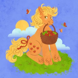 Size: 1080x1080 | Tagged: safe, artist:fizzmitz, imported from twibooru, applejack (g1), butterfly, earth pony, insect, pony, apple, basket, blue background, bow, cloud, female, food, freckles, g1, grass, image, mare, mouth hold, needs more jpeg, simple background, sitting, sitting on grass, solo, sun, tail bow