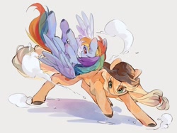 Size: 2732x2048 | Tagged: safe, artist:pebberg, imported from derpibooru, applejack, rainbow dash, earth pony, pegasus, pony, appledash, applejack's hat, cowboy hat, female, flying, freckles, hat, lesbian, shipping, simple background