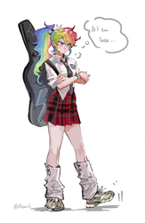 Size: 1606x2466 | Tagged: safe, artist:remlo, imported from derpibooru, rainbow dash, human, clothes, crossed arms, guitar case, humanized, skirt, text, thought bubble, upset