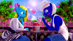 Size: 3840x2160 | Tagged: safe, artist:shadowuwu, oc, oc only, oc:cuteamena, anthro, 3d, breasts, clothes, dining table, female, heart, looking at each other, male