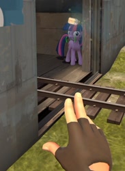 Size: 731x997 | Tagged: safe, twilight sparkle, pony, unicorn, 3d, crosshair, female, hand, human and pony, jar, jarate, mare, pee in container, sniper, sniper (tf2), team fortress 2, throwing, urine, video game