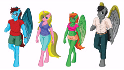 Size: 7547x4271 | Tagged: safe, artist:merrypaws, artist:miipack603, imported from derpibooru, oc, oc only, oc:aurora honeyblossom, oc:dusky braveheart, oc:ivy flashbreeze, oc:jasper darkblaze, anthro, pegasus, unguligrade anthro, unicorn, amputee, anthro oc, artificial wings, augmented, belt, belt buckle, breasts, cargo shorts, cleavage, clothes, denim, female, glasses, horn, hot pants, jeans, looking at you, male, mare, mechanical wing, midriff, multicolored mane, pants, pegasus oc, polo shirt, prosthetic limb, prosthetic wing, prosthetics, shading, shading practice, shirt, short shirt, shorts, simple background, stallion, tail, unicorn oc, watch, white background, wing brace, wings