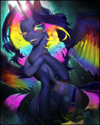 Size: 2160x2700 | Tagged: safe, artist:chickenpicnic, imported from derpibooru, oc, alicorn, pony, lens flare, one eye closed, solo