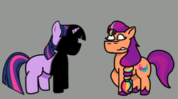 Size: 828x465 | Tagged: safe, artist:josephthedumbimpostor, imported from derpibooru, sunny starscout, twilight sparkle, pony, duo, duo female, female, friday night funkin', g5, gray background, mare, simple background, sunny and her heroine