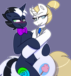 Size: 1865x1976 | Tagged: safe, artist:askhypnoswirl, imported from derpibooru, oc, oc only, oc:decora, oc:hypno swirl, unicorn, blushing, bowtie, commission, duo, duo male and female, eye lashes, female, holding, horn, male, necktie, unicorn oc