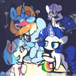 Size: 750x750 | Tagged: safe, artist:tieb5, imported from derpibooru, coco pommel, rainbow dash, rarity, sassy saddles, sweetie belle, earth pony, pegasus, pony, unicorn, female, filly, foal, horn, mare, siblings, sisters, solo