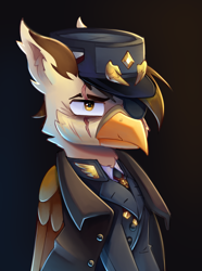 Size: 5008x6741 | Tagged: safe, artist:opal_radiance, imported from derpibooru, oc, oc only, oc:darien platecrête, griffon, equestria at war mod, aquileia, clothes, eyepatch, facial scar, gradient background, scar, solo, uniform