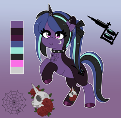 Size: 1801x1755 | Tagged: safe, artist:emera33, imported from derpibooru, oc, oc only, oc:nightingale, unicorn, choker, ear piercing, female, goth, gradient background, hoof polish, horn, metalhead, multicolored hair, piercing, ponytail, punk, purple eyes, skull, solo, spider web, spiked choker, tattoo, tattoo artist, tomboy, trans female, transgender