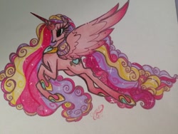 Size: 640x480 | Tagged: safe, artist:cheese-moustache, imported from derpibooru, princess cadance, alicorn, colored wings, crown, ethereal mane, female, gradient wings, hoof shoes, jewelry, mare, older, older princess cadance, princess shoes, regalia, solo, traditional art, ultimate cadance, wings