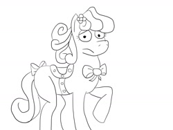 Size: 1600x1200 | Tagged: safe, artist:kaze, imported from derpibooru, pony, bow, bowtie, dave the barbarian, drawthread, eyelashes, flower, flower in hair, lineart, monochrome, necktie, ponified, requested art, saddle, simple background, solo, tack, tail, tail bow, twinkle the marvel horse, white background