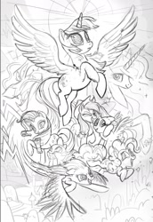 Size: 1650x2400 | Tagged: safe, artist:joy-ang, imported from derpibooru, applejack, fluttershy, pinkie pie, princess celestia, rainbow dash, rarity, spike, storm king, twilight sparkle, alicorn, dragon, pony, my little pony: the movie, the art of my little pony: the movie, black and white, concept art, grayscale, mane seven, mane six, monochrome, sketch, twilight sparkle (alicorn)