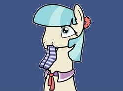 Size: 2048x1516 | Tagged: safe, artist:ewoudcponies, imported from derpibooru, coco pommel, earth pony, pony, blue background, bust, clothes, female, mare, mouth hold, simple background, socks, solo, striped socks