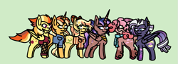 Size: 759x277 | Tagged: safe, artist:mlpartmaker300, imported from derpibooru, oc, oc only, oc:daisy may, oc:enchantra sorcery, oc:fruitbasket, oc:ninny, oc:obsidian storm, oc:volley pop, alicorn, earth pony, hybrid, pegasus, unicorn, alicorn oc, bow, clothes, earth pony oc, female, freckles, green background, hair bow, horn, interspecies offspring, jacket, magical lesbian spawn, male, mare, next generation, offspring, parent:applejack, parent:big macintosh, parent:flash sentry, parent:flim, parent:fluttershy, parent:pinkie pie, parent:prince rutherford, parent:rainbow dash, parent:rarity, parent:spitfire, parent:thunderlane, parent:twilight sparkle, parents:flashlight, parents:flimjack, parents:fluttermac, parents:pinkieford, parents:rarilane, parents:spitdash, pegasus oc, scarf, shirt, simple background, stallion, striped scarf, striped shirt, unicorn oc, wings