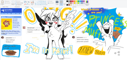 Size: 1882x902 | Tagged: safe, artist:azaani-art, imported from derpibooru, derpy hooves, pegasus, pony, blush scribble, blushing, female, food, hooves in air, mare, ms paint, muffin, myspace, open mouth, open smile, pixel-crisp art, simple background, smiling, solo, text, white background