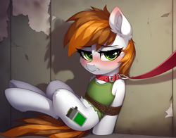 Size: 3680x2880 | Tagged: safe, imported from derpibooru, oc, oc only, oc:littlepip, pony, fallout equestria, ai content, ai generated, blushing, bondage, clothes, collar, ear blush, ear fluff, female, fluffy, human shoulders, leash, mare, prompter:jlege, solo