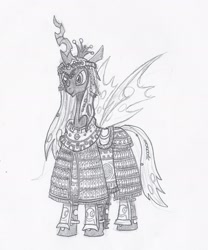 Size: 1606x1930 | Tagged: safe, artist:anonymous, imported from twibooru, queen chrysalis, changeling, changeling queen, /mlp/, 4chan, armor, drawthread, female, image, monochrome, needs more jpeg, simple background, smiling, solo, standing, traditional art, white background