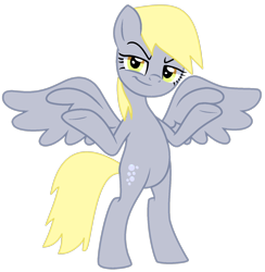 Size: 1470x1505 | Tagged: safe, alternate version, artist:savage-bases, artist:twilyisbestpone, imported from derpibooru, derpy hooves, pegasus, pony, alicorn wings, bipedal, evil grin, female, grin, looking at you, mare, shrug, simple background, smiling, smug, solo, spread wings, transparent background, underp, wings