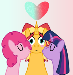 Size: 1244x1279 | Tagged: safe, artist:zoeyhorse, imported from derpibooru, pinkie pie, sunset shimmer, twilight sparkle, alicorn, earth pony, pony, unicorn, blush sticker, blushing, cheek kiss, eeee, eyes closed, female, gradient background, heart, horn, kiss on the cheek, kiss sandwich, kissing, kissy face, lesbian, mare, polyamory, shipping, sunsetpie, sunsetsparkle, trio, trio female, twilight sparkle (alicorn)