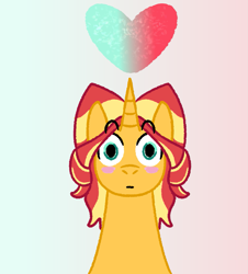 Size: 1131x1253 | Tagged: safe, artist:zoeyhorse, imported from derpibooru, sunset shimmer, pony, unicorn, blush sticker, blushing, eyebrows, eyebrows visible through hair, gradient background, heart, horn, looking at you, solo