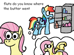 Size: 480x360 | Tagged: safe, artist:zoeyhorse, imported from derpibooru, fluttershy, rainbow dash, pegasus, pony, butter, duo, duo female, female, flutterbutter, flutterdash, food, lesbian, mare, one wing out, refrigerator, shipping, simple background, smiling, white background, wings, yelling