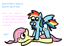 Size: 828x596 | Tagged: safe, artist:zoeyhorse, imported from derpibooru, fluttershy, rainbow dash, pegasus, pony, blush sticker, blushing, doormat, duo, duo female, female, flutterdash, lesbian, looking at each other, looking at someone, lying down, mare, prone, shipping, simple background, smiling, sploot, white background