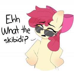 Size: 1819x1819 | Tagged: safe, artist:madiwann, imported from derpibooru, apple bloom, earth pony, pony, female, filly, foal, gen alpha, meme, simple background, skibidi toilet, slang, solo, sunglasses, white background