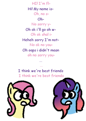 Size: 638x891 | Tagged: safe, artist:zoeyhorse, imported from derpibooru, fluttershy, earth pony, pegasus, unicorn, bust, dialogue, duo, duo female, female, g5, horn, looking at each other, looking at someone, mare, misty and her heroine, misty brightdawn, open mouth, rebirth misty, shy, simple background, white background