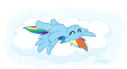 Size: 2000x1096 | Tagged: safe, artist:siemensohm, imported from derpibooru, rainbow dash, pegasus, pony, cloud, cute, dashabetes, female, floppy ears, lying down, mare, on a cloud, on back, sleeping, sleeping on a cloud, solo, spread wings, wings