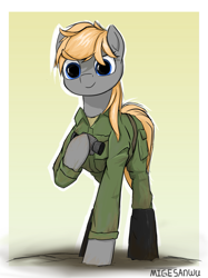 Size: 973x1298 | Tagged: safe, artist:migesanwu, imported from derpibooru, oc, oc only, earth pony, pony, blue eyes, boots, clothes, earth pony oc, female, front view, gradient background, jumpsuit, looking at you, military pony, raised hoof, shoes, signature, solo, standing, standing on three hooves, telescope, yellow mane