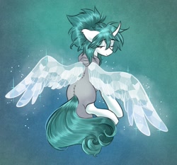 Size: 2081x1939 | Tagged: safe, artist:opalacorn, imported from derpibooru, oc, oc only, oc:tundral gale, pony, unicorn, abstract background, artificial wings, augmented, eyebrows, eyebrows visible through hair, eyes closed, female, gradient background, horn, looking back, magic, magic wings, mare, sitting, solo, wings