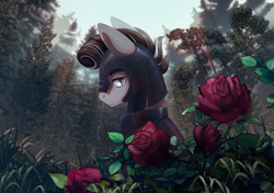 Size: 2480x1748 | Tagged: safe, artist:glumarkoj, imported from derpibooru, oc, oc only, oc:iron rose, earth pony, armor, blue eyes, commission, detailed background, earth pony oc, flower, forest, helmet, lidded eyes, looking at you, looking back, looking back at you, male, male oc, nature, rose, scar, solo, stallion, stallion oc, tree, ych result