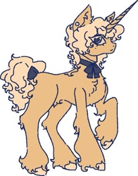 Size: 495x631 | Tagged: safe, artist:junniepiepoopop, imported from derpibooru, oc, oc only, pony, unicorn, ambiguous gender, beauty mark, blonde eyelashes, blonde mane, blonde tail, bow, chest fluff, colored eyelashes, colored hooves, colored sclera, concave belly, cream hooves, cream sclera, curly mane, curly tail, ear fluff, ear piercing, earring, eye clipping through hair, eyelashes, fetlock tuft, fluffy, frown, gauges, hock fluff, hooves, horn, jewelry, long horn, looking back, missing cutie mark, neck ribbon, piercing, profile, purple eyes, purple pupils, raised hoof, shoulder fluff, simple background, solo, standing, standing on three hooves, tail, tail accessory, tail bow, tied tail, unicorn horn, unicorn oc, unshorn fetlocks, white background, yellow coat