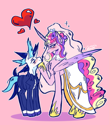 Size: 2899x3336 | Tagged: safe, artist:riyalumpia, imported from derpibooru, princess cadance, shining armor, alicorn, pony, unicorn, blushing, bowtie, clothes, dress, duo, duo female, female, floating heart, heart, high res, hoof on chin, horn, lidded eyes, looking at each other, looking at someone, male, mare, meme, necktie, pink background, shiningcadance, shipping, simple background, smiling, smiling at each other, straight, the bride and the ugly ass groom, tuxedo, veil, wedding dress, wedding veil