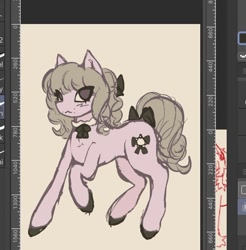 Size: 726x739 | Tagged: safe, artist:junniepiepoopop, imported from derpibooru, pony, unicorn, acne, art program in frame, black hooves, blush scribble, blushing, bow, brown eyes, colored hooves, colored sketch, cream coat, curly mane, curly tail, eye clipping through hair, fear and hunger 2, female, gray mane, gray tail, hair accessory, hair bow, hooves, horn, mane accessory, mare, marina (fear and hunger), missing horn, no catchlights, no pupils, ponified, raised hoof, sailor collar, sketch, smiling, solo, standing on three hooves, tail, tail accessory, tail bow