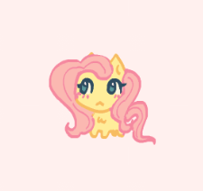 Size: 225x212 | Tagged: safe, artist:junniepiepoopop, imported from derpibooru, fluttershy, pegasus, pony, :<, blush lines, blushing, chibi, colored, cute, eyelashes, female, flat colors, frown, looking away, mare, pink background, pink mane, pink tail, requested art, shyabetes, simple background, smol, solo, standing, tail, teal eyes, wavy mane, wavy tail, wingless, yellow coat