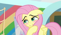 Size: 1920x1088 | Tagged: safe, imported from derpibooru, screencap, fluttershy, pegasus, season 9, she's all yak, spoiler:s09, blush sticker, blushing, cute, hair covering face, shyabetes, solo