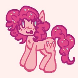 Size: 296x296 | Tagged: safe, artist:junniepiepoopop, imported from derpibooru, pinkie pie, earth pony, pony, alternate design, big hooves, blue eyes, blush scribble, blushing, chest fluff, colored, curly mane, curly tail, dot eyes, eye clipping through hair, eyelashes, female, flat colors, looking back, mare, pink coat, pink mane, pink tail, requested art, smiling, solo, standing, tail, tongue out