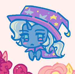 Size: 295x293 | Tagged: safe, artist:junniepiepoopop, imported from derpibooru, fluttershy, pinkie pie, trixie, pony, unicorn, :<, big hat, blue coat, blue eyes, blue mane, blue tail, blush sticker, blushing, brooch, cape, chibi, clothes, cute, diatrixes, eye clipping through hair, eyelashes, female, hat, horn, jewelry, mare, pink background, requested art, simple background, smol, solo focus, standing, striped mane, striped tail, tail, trixie's brooch, trixie's cape, trixie's hat, two toned eyes, two toned mane, two toned tail, unicorn horn