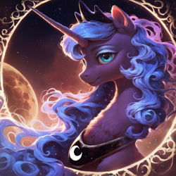 Size: 1216x1216 | Tagged: safe, imported from derpibooru, princess luna, alicorn, pony, abstract background, ai content, ai generated, bust, generator:pony diffusion v6 xl, generator:stable diffusion, horn, moon, portrait, prompter:star-dragon, solo, stars