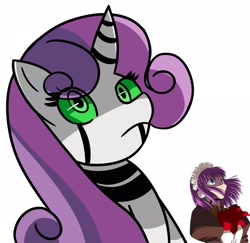 Size: 2048x1991 | Tagged: safe, artist:shon351, imported from derpibooru, sweetie belle, pony, robot, robot pony, bust, cel shading, female, gynoid, looking up, mare, mecha-hisui, melty blood, older, older sweetie belle, older sweetie bot, portrait, reference, shading, simple background, solo, sweetie bot, type-moon, white background, wide eyes