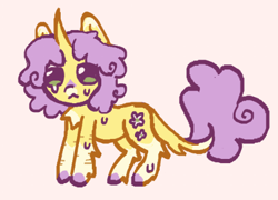 Size: 471x340 | Tagged: safe, artist:junniepiepoopop, imported from derpibooru, sunshine petals, pony, unicorn, :<, alternate design, alternate hairstyle, alternate tailstyle, background pony, chest fluff, chibi, coat markings, colored chest fluff, colored eartips, colored hooves, colored tailtip, crying, curly mane, curly tail, curved horn, facial markings, frown, green eyes, hock fluff, hooves, horn, leonine tail, pink background, purple hooves, purple mane, purple tail, requested art, scar, self harm, self harm scars, simple background, snip (coat marking), socks (coat markings), standing, sweat, tail, tail fluff, thin, two toned ears, unicorn horn, yellow coat