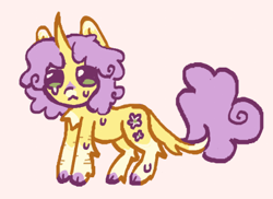 Size: 481x351 | Tagged: safe, alternate version, artist:junniepiepoopop, imported from derpibooru, sunshine petals, pony, unicorn, :<, alternate design, alternate hairstyle, alternate tailstyle, background pony, chest fluff, chibi, cloven hooves, coat markings, colored chest fluff, colored eartips, colored hooves, colored tailtip, crying, curly mane, curly tail, curved horn, facial markings, frown, green eyes, hock fluff, hooves, horn, leonine tail, pink background, purple hooves, purple mane, purple tail, requested art, scar, self harm, self harm scars, simple background, snip (coat marking), socks (coat markings), standing, sweat, tail, tail fluff, thin, two toned ears, unicorn horn, yellow coat