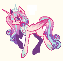 Size: 422x405 | Tagged: safe, artist:junniepiepoopop, imported from derpibooru, princess flurry heart, alicorn, pony, blank flank, blushing, colored wings, colored wingtips, concave belly, crown, curly mane, curly tail, ear fluff, eyelashes, female, folded wings, gameloft, gameloft interpretation, hoof shoes, horn, jewelry, long horn, long legs, long mane, long tail, looking back, mare, multicolored mane, multicolored tail, off-white background, older, older flurry heart, peytral, pink coat, pink wingtips, pixel-crisp art, princess shoes, profile, purple eyelashes, raised hoof, raised leg, regalia, simple background, slender, smiling, solo, standing on two hooves, striped mane, striped tail, tail, thin, thin legs, three toned wings, tiara, white background, wings