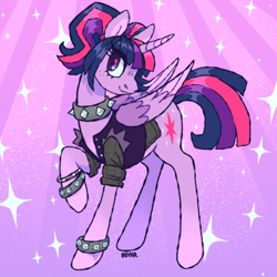 Size: 1000x1000 | Tagged: safe, artist:beyhr, imported from derpibooru, twilight sparkle, alicorn, pony, bangs, clothes, collar, colored pinnae, colored wings, colored wingtips, cutie mark eyes, eye clipping through hair, eyelashes, female, folded wings, freckles, gameloft, gameloft interpretation, gradient background, hair tie, heart, heart mark, horn, jacket, long legs, looking back, mare, my little pony: magic princess, ponytail, profile, purple coat, purple eyes, purple wingtips, raised hoof, rockstar sparkle, shiny mane, shiny tail, signature, smiling, solo, sparkles, sparkly background, spiked collar, spiked wristband, standing on three hooves, straight mane, straight tail, sunburst background, three toned wings, tied mane, twilight sparkle (alicorn), unicorn horn, wingding eyes, wings, wristband