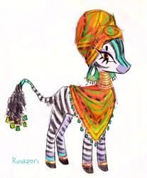 Size: 702x846 | Tagged: safe, artist:lutraviolet, imported from derpibooru, zecora, zebra, 2022, african, alternate coat color, alternate design, alternate eye color, ankara shawl, bangles, coat markings, colored muzzle, ear piercing, earring, eye clipping through hair, facial markings, female, headdress, hooped earrings, jewelry, leg markings, lidded eyes, neck rings, old art, orange eyes, piercing, profile, redesign, shawl, signature, simple background, smiling, solo, standing, tail, tail jewelry, tail markings, traditional clothing, white background, white coat