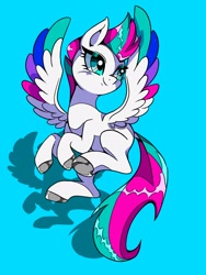 Size: 1200x1600 | Tagged: safe, artist:stacy_165cut, imported from derpibooru, zipp storm, pegasus, pony, big eyes, blue background, blush lines, blushing, colored hooves, colored wings, colored wingtips, eyelashes, female, flying, g5, gray hooves, hooves, long tail, looking up, mare, missing cutie mark, mohawk, multicolored wings, saturated, shadow, shiny eyelashes, shiny hooves, shiny mane, shiny tail, simple background, smiling, solo, spiky mane, spread wings, tail, two toned mane, two toned tail, white coat, wingding eyes, wings