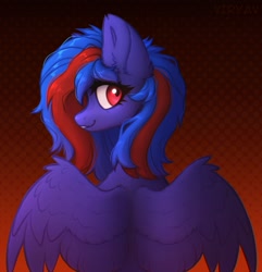 Size: 2454x2549 | Tagged: safe, artist:viryav, imported from derpibooru, oc, oc only, pegasus, pony, blue body, blue hair, dark lighting, ear fluff, evil grin, female, gradient background, grin, looking at you, mare, mare oc, polka dot background, red background, red eyes, simple background, smiling, solo, spread wings, striped hair, wings