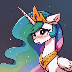 Size: 4608x4608 | Tagged: safe, ai generated, imported from derpibooru, princess celestia, alicorn, pony, ai assisted, ai content, blushing, bust, cheek fluff, ear fluff, female, floppy ears, generator:civitai, generator:pony diffusion v6 xl, generator:stable diffusion, mare, open mouth, peytral, prompter:paleluna, solo, starry eyes, stars, wingding eyes