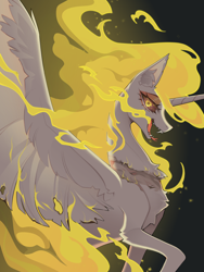 Size: 1200x1600 | Tagged: safe, artist:atardanto, imported from derpibooru, daybreaker, alicorn, pony, chest fluff, fangs, female, horn, mare, open mouth, solo, spread wings, wings